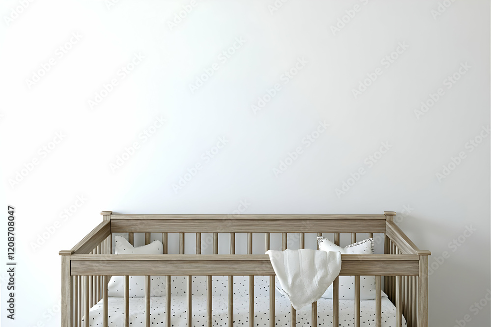 Empty Baby Crib with White Bedding Stands Against a White Wall in Nursery Room Rendering Empty Baby Crib with White Bedding Stands Against a White Wall in Nursery Room Rendering