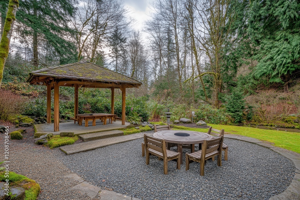 Peaceful Outdoor Pavilion Surrounded by Lush Greenery and Natural Landscape, Perfect for Relaxation and Gathering with Family or Friends in a Serene Garden Setting Peaceful Outdoor Pavilion Surrounded by Lush Greenery and Natural Landscape, Perfect for Relaxation and Gathering with Family or Friends in a Serene Garden Setting