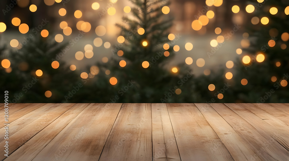 Empty Wooden Table Top With Blurry Festive Lights Background For Holiday Display Empty Wooden Table Top With Blurry Festive Lights Background For Holiday Display