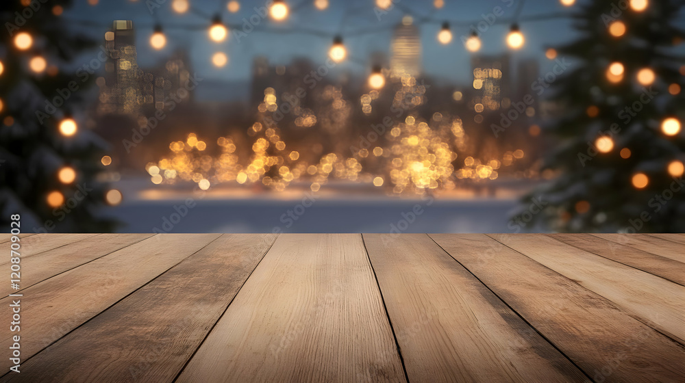 Empty Wooden Table Top with Blurry City Lights and Festive Decorations Background Empty Wooden Table Top with Blurry City Lights and Festive Decorations Background