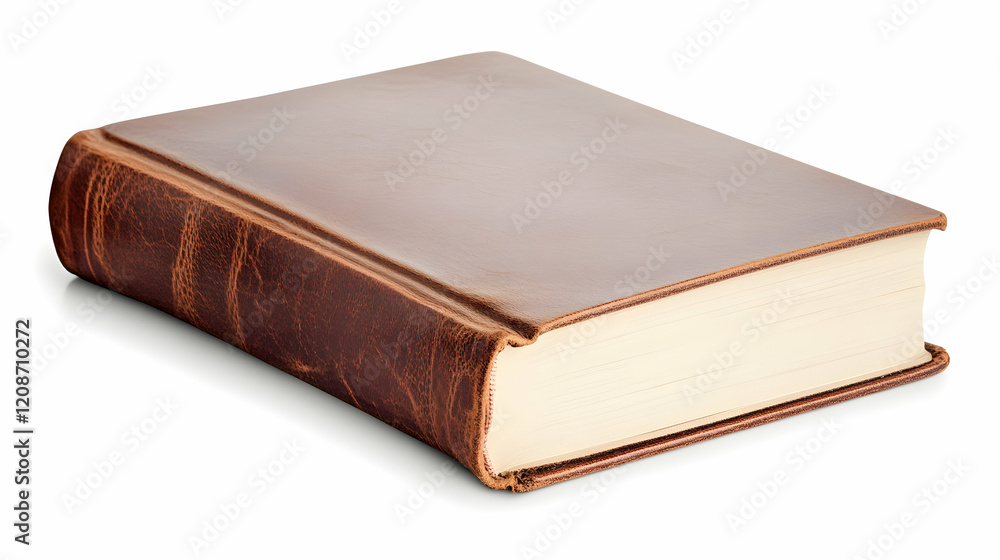 Leather-bound book on white background; isolated studio shot for publishing, education, or literature concepts Leather-bound book on white background; isolated studio shot for publishing, education, or literature concepts