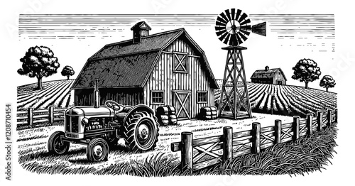rural farm scene. The image features a rustic barn with a pitched roof engraving black and white outline