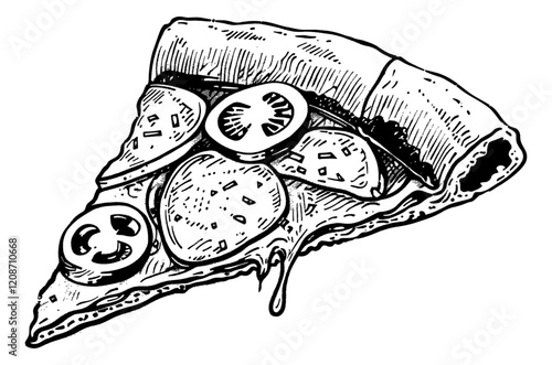 pizza slice engraving black and white outline