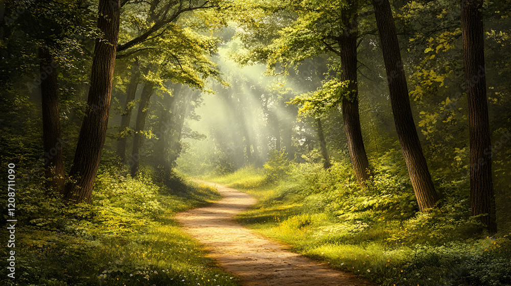 Obraz premium Sunlit Path Winding Through A Lush Green Forest