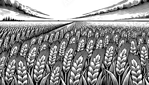 wheat field landscape engraving black and white outline