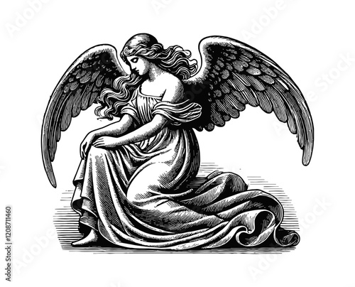 angel in a serene pose engraving black and white outline