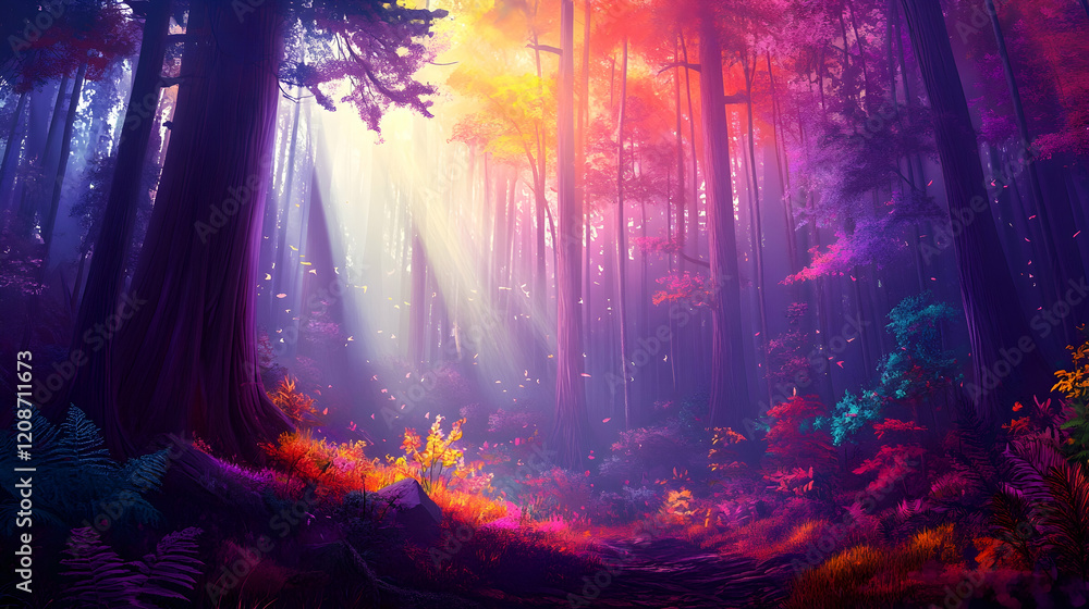 Fototapeta premium Magical autumn forest path, sun rays, vibrant colors, fantasy landscape, ideal for fantasy or fairytale illustration