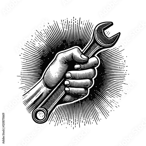 hand holding wrench engraving black and white outline