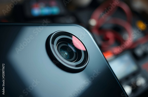 camera lens close up, A close-up of a smartphone camera lens reflecting light, with a blurred background