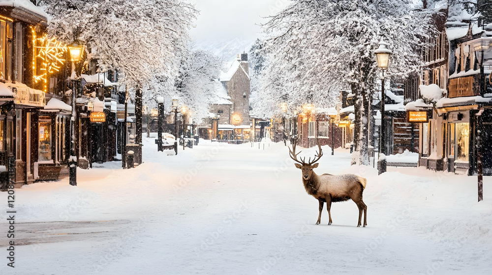 Majestic elk in snowy village street at dawn; picturesque winter scene for travel brochures Majestic elk in snowy village street at dawn; picturesque winter scene for travel brochures