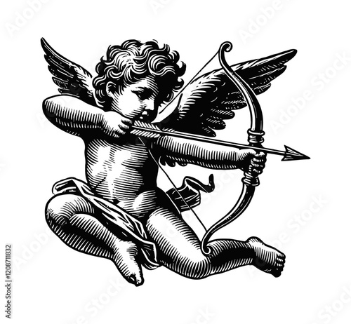 cherub engraving black and white outline