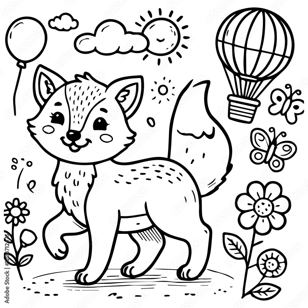 Obraz premium Vector Cute Kawaii Fox Coloring Book 