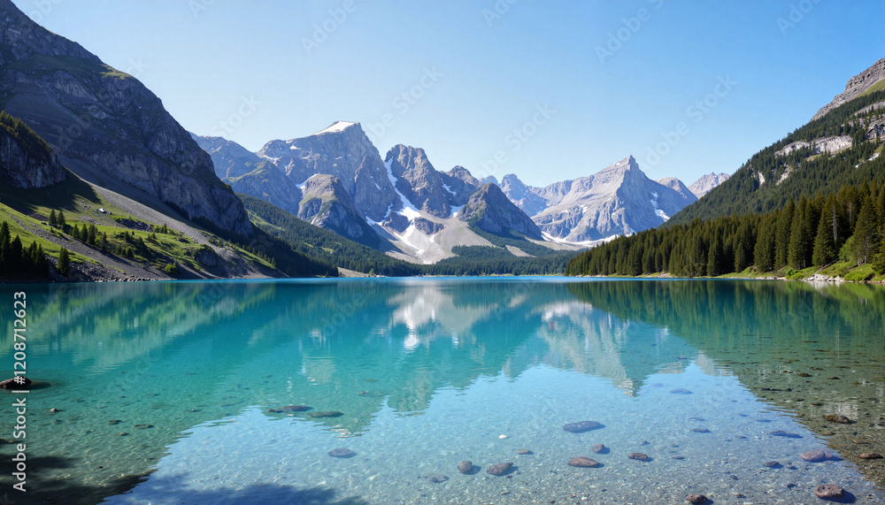 Turquoise lake surrounded by snowy mountains Turquoise lake surrounded by snowy mountains