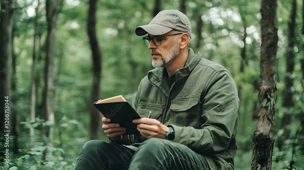 Mature man journaling in forest, nature background, peaceful scene, perfect for relaxation and well-being articles Mature man journaling in forest, nature background, peaceful scene, perfect for relaxation and well-being articles