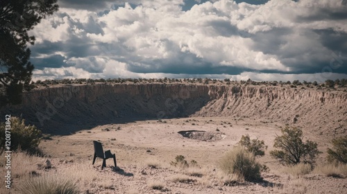 Massive meteor crater surrounded by cracked barren terrain under dramatic cloudy sky, showcasing the immense scale and raw power of natural geological formations. photo