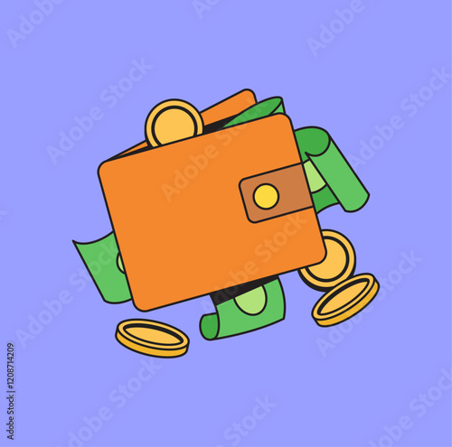 Wallet overflowing with cash and coins cartoon hand drawn retro illustration for finance-related content or products