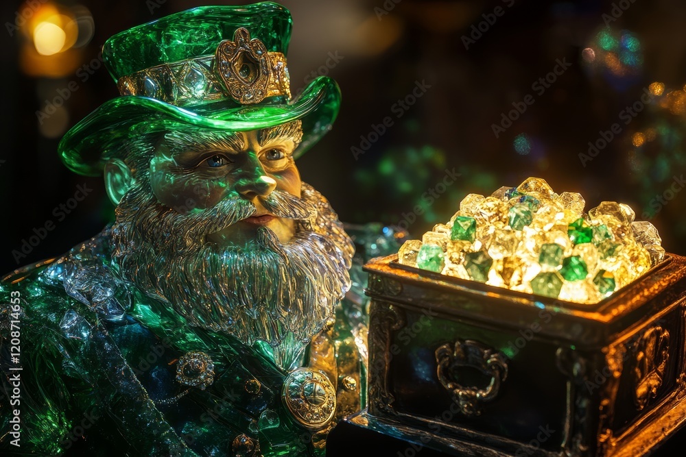 Fototapeta premium Emerald leprechaun statue holding treasure chest of jewels