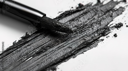 Close up of black eyeliner brush with make up strokes on white background
