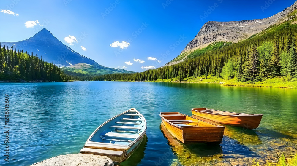 Mountain lake boats summer scenic travel postcard Mountain lake boats summer scenic travel postcard