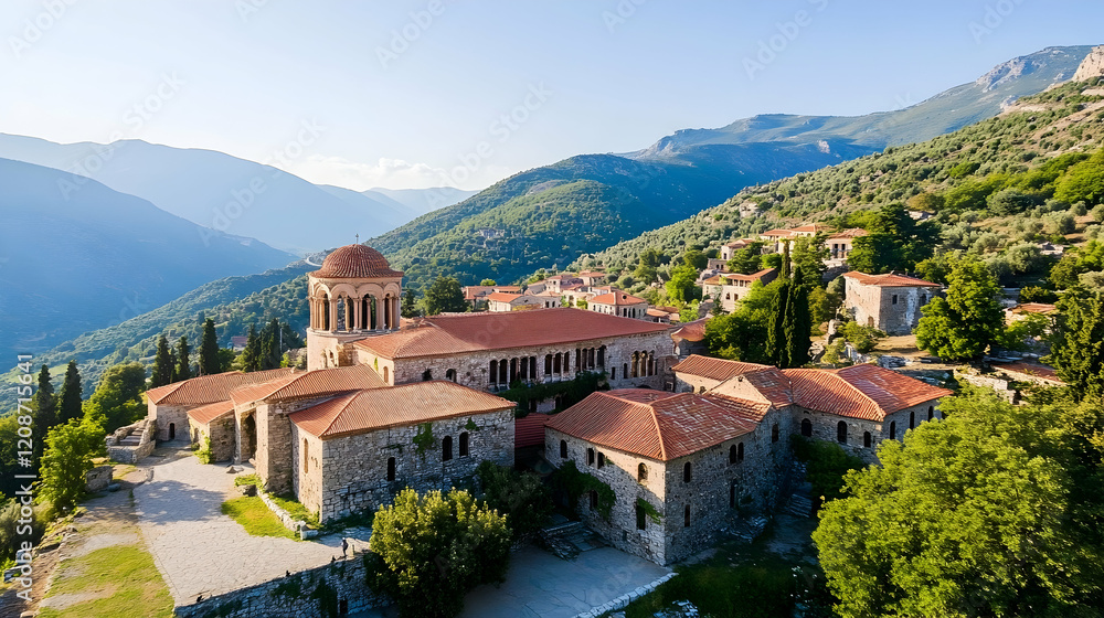 Mountain Monastery Aerial View Historic Greek complex nestled in scenic hills, showcasing architecture and tranquility; ideal for travel brochures
