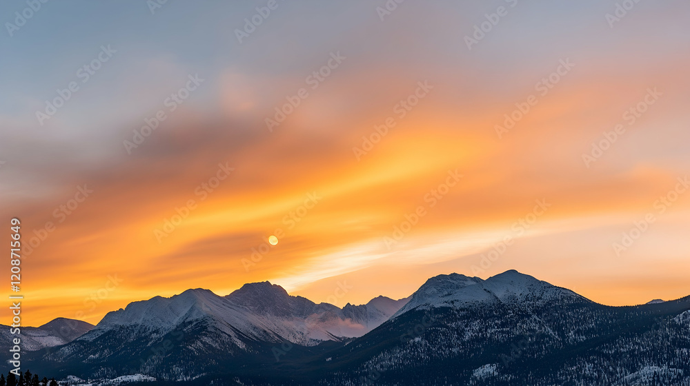 Mountain range sunset, fiery sky, winter landscape, scenic background, nature wallpaper Mountain range sunset, fiery sky, winter landscape, scenic background, nature wallpaper