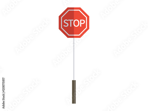 Red stop sign with white text and an octagonal shape on the top of a white pole. Ideal for road safety, traffic, urban planning, driving education, and signage design. Simple vector style