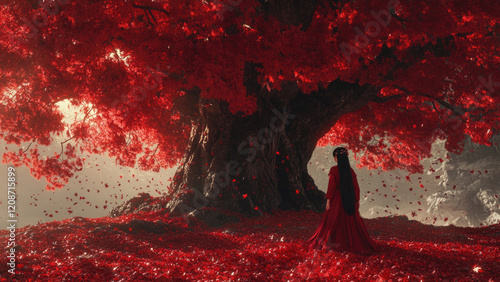 Woman in a red dress standing beneath a vibrant red tree, surrounded by falling leaves. photo