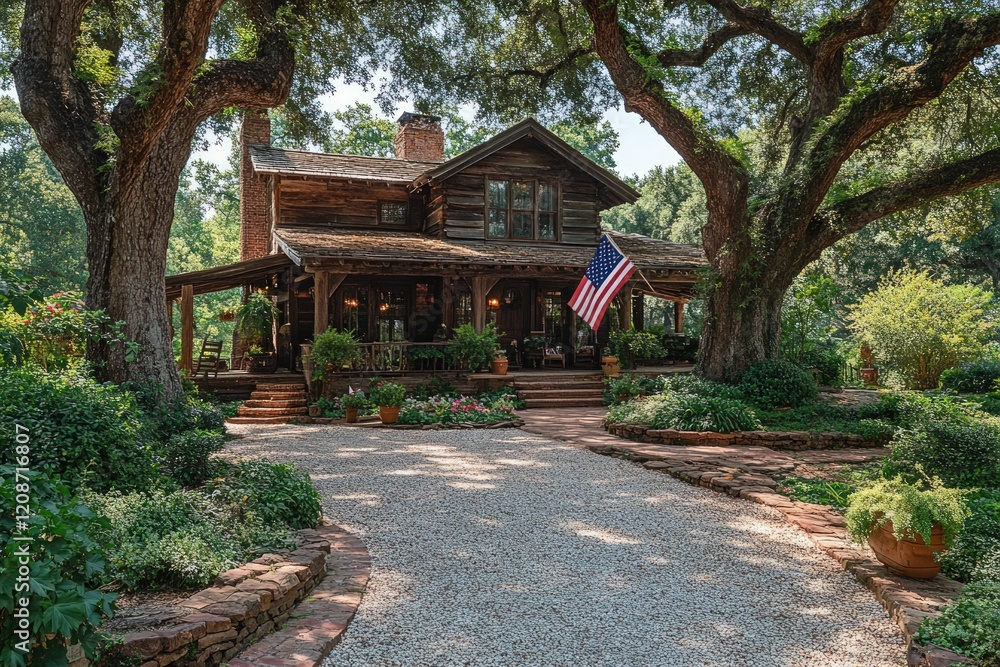 Rustic wooden house, lush garden, American flag. Rustic wooden house, lush garden, American flag.