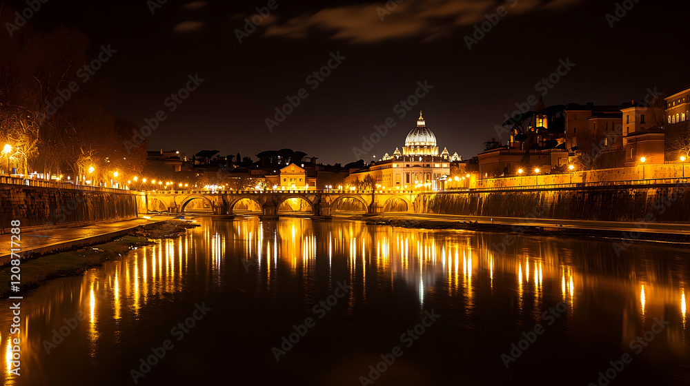 Obraz premium Night view of St. Peter's Basilica across Tiber River, Rome, Italy; travel and tourism photography