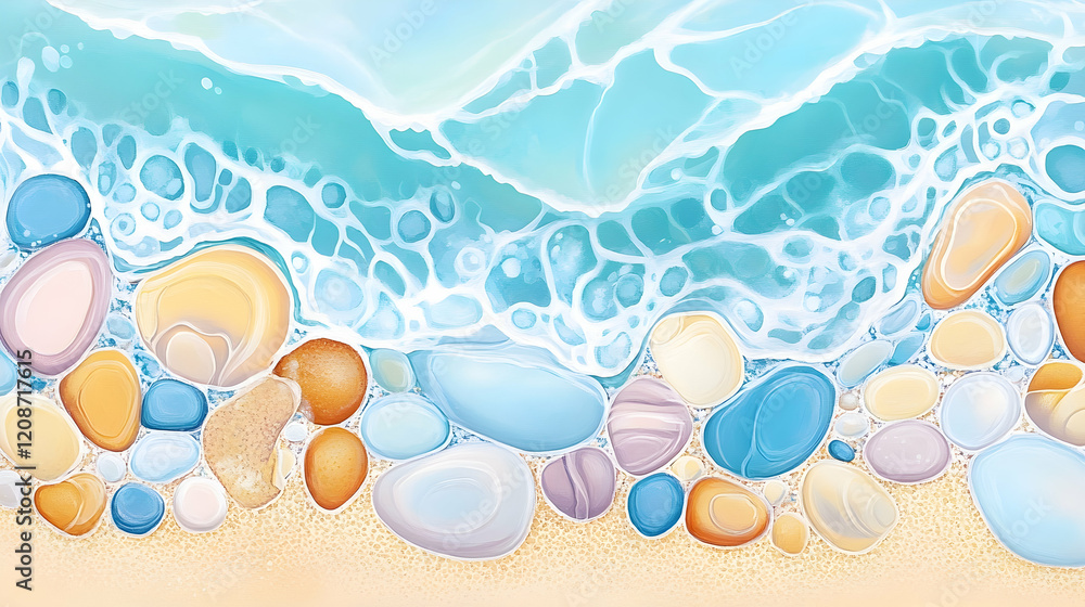 Ocean wave rolling over smooth pebbles on sandy beach; summer vacation background Ocean wave rolling over smooth pebbles on sandy beach; summer vacation background
