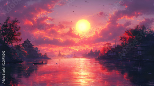 Serene Sunset Over Asian Village River Scene