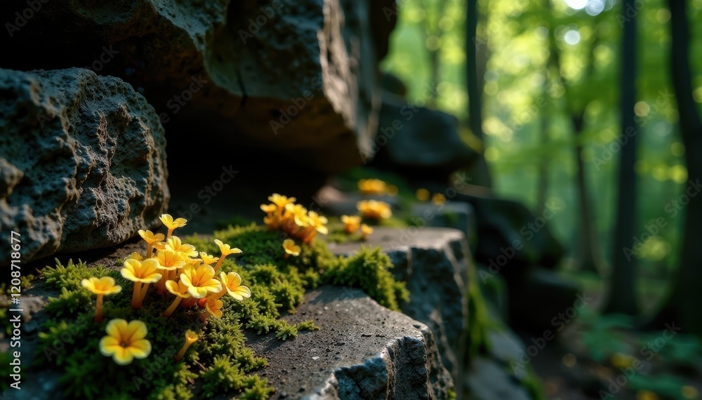 Yellow white lichens growing on a rocky cleft in a forest, foliage, rock cleft Yellow white lichens growing on a rocky cleft in a forest, foliage, rock cleft