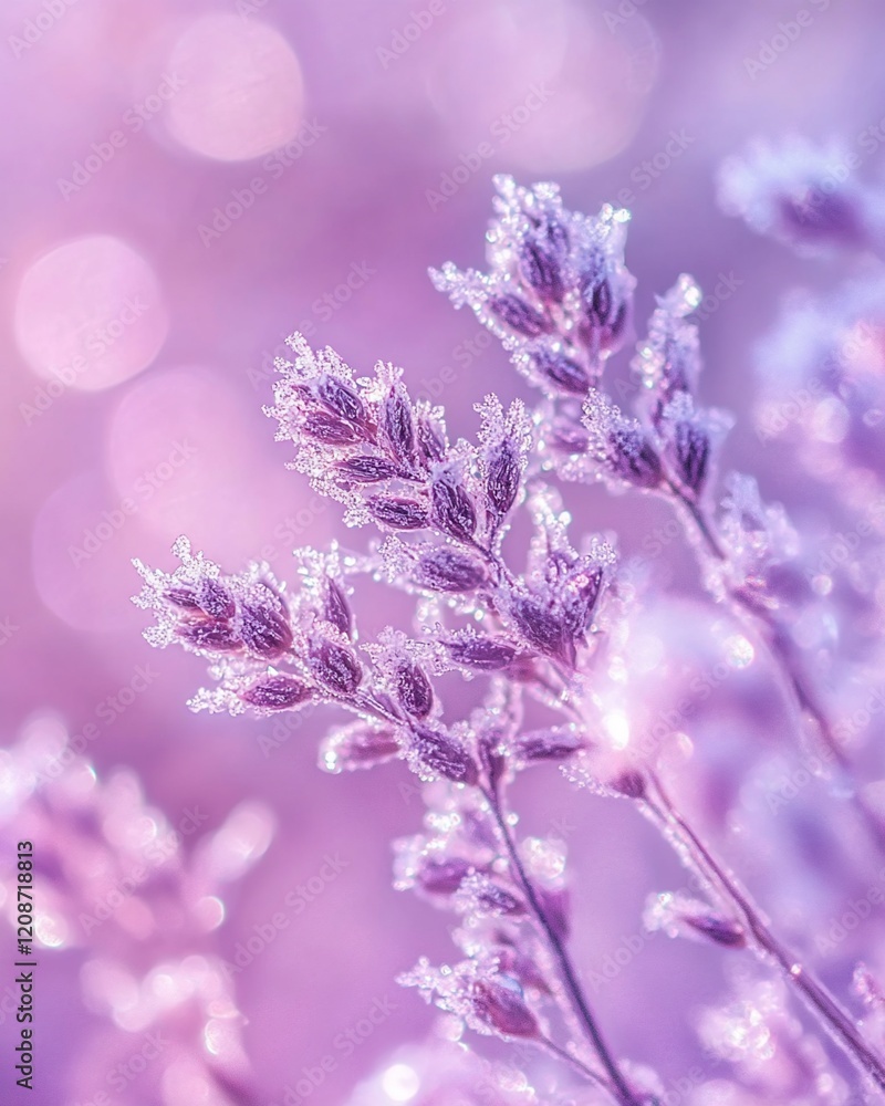 Frost-covered lavender blossoms in soft purple light. Frost-covered lavender blossoms in soft purple light.