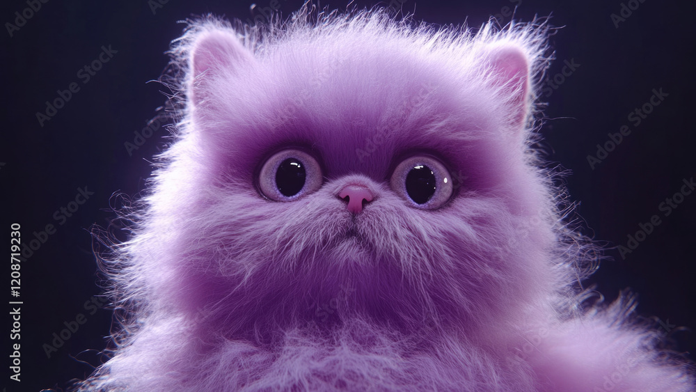 Close-up of a fluffy purple cat with big eyes in dramatic lighting Close-up of a fluffy purple cat with big eyes in dramatic lighting