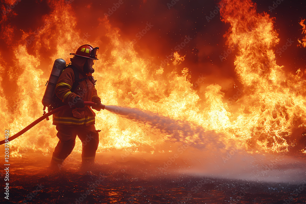 Naklejka premium A firefighter in protective gear extinguishing a fire with a powerful water stream. A scene of courage and dedication
