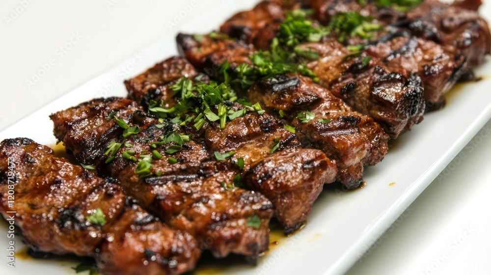 sizzling churrasco plated on a pristine white background, garnished with herbs, showcasing the vibrant colors and textures of this delicious grilled meal sizzling churrasco plated on a pristine white background, garnished with herbs, showcasing the vibrant colors and textures of this delicious grilled meal