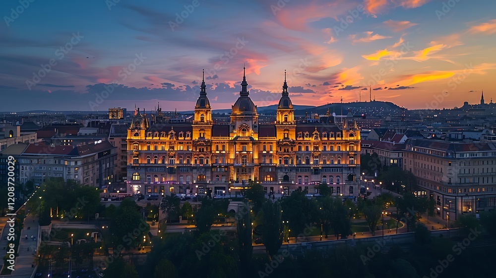 Obraz premium Budapest, Hungary - Aerial view of a renovated illuminated luxury collection hotel Matild Palace at Ferenciek tere after sunset at downtown Budapest with colorful golden and blue sky on a summer night