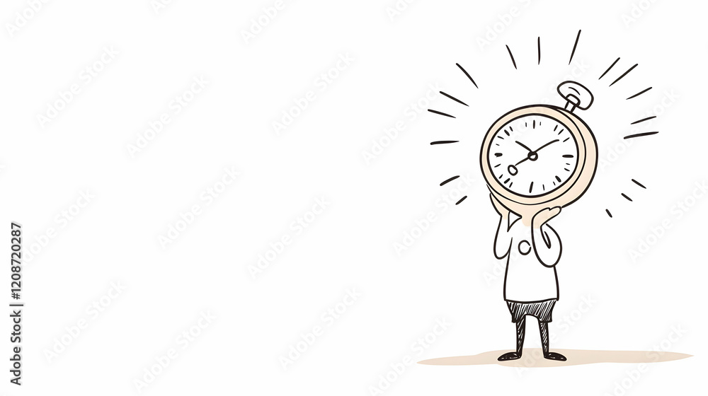 Person with clock head, time management concept, white background, deadline urgency illustration Person with clock head, time management concept, white background, deadline urgency illustration