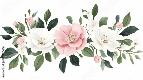 Pink and white floral arrangement; delicate blossoms; green leaves; wedding invitation design