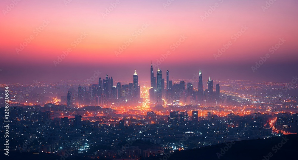 Naklejka premium City skyline at sunset, hazy cityscape with glowing lights.
