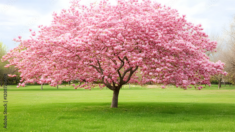 Pink cherry blossom tree in spring park, green grass background. Ideal for nature, spring, serenity themes Pink cherry blossom tree in spring park, green grass background. Ideal for nature, spring, serenity themes