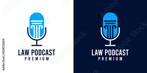 Law podcast microphone logo design vector template. Voice of law logo design icon. Microphone logo icon with attorney law legal scale or pile symbol illustration for justice, lawyer, judge, advocate.