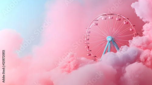 Fototapeta Naklejka Na Ścianę i Meble -  Pink Ferris wheel in cotton candy clouds; amusement park fantasy scene; dreamy background; ideal for websites, advertising