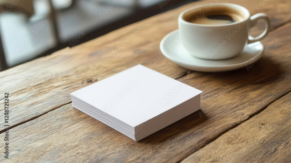 Stack of blank square business cards on table, minimal workspace with coffee cup, cozy setting, rustic wood, branding design mockup, personal professional style, warm atmosphere Stack of blank square business cards on table, minimal workspace with coffee cup, cozy setting, rustic wood, branding design mockup, personal professional style, warm atmosphere