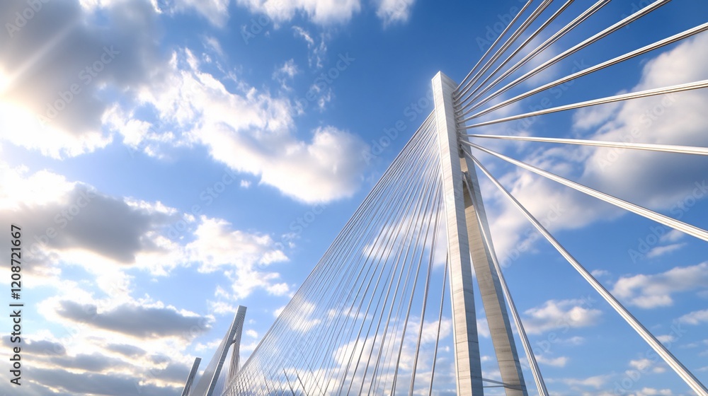 Obraz premium Cable-stayed bridge, sunny sky, clouds, architectural design, construction.