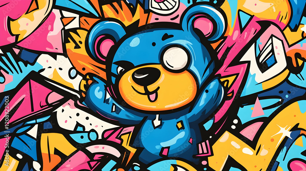 Fototapeta premium Playful blue bear graffiti art, vibrant background, fun design, kids' apparel