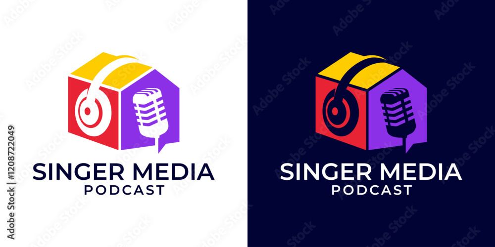 Microphone and headphone logo icon inside a house for Sound recording studio, vocal course, composer. Singer karaoke music logo design illustration. Musician artist celebrities logo template. Microphone and headphone logo icon inside a house for Sound recording studio, vocal course, composer. Singer karaoke music logo design illustration. Musician artist celebrities logo template.