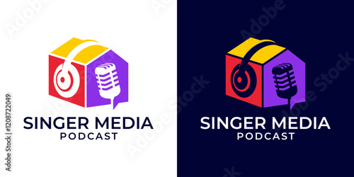 Microphone and headphone logo icon inside a house for Sound recording studio, vocal course, composer. Singer karaoke music logo design illustration. Musician artist celebrities logo template.