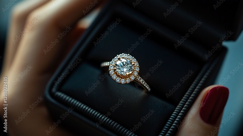 Close-up of a woman's hand holding an elegant diamond ring in a black jewelry box. Close-up of a woman's hand holding an elegant diamond ring in a black jewelry box.