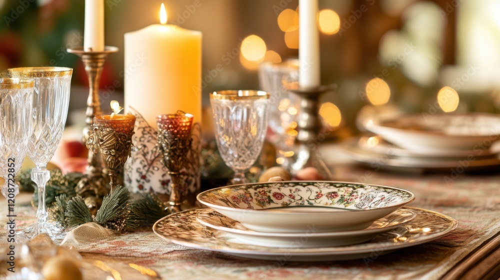 Elegant dinner setting with candles and festive decorations.